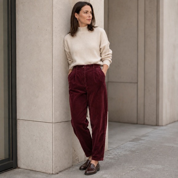 L.L. Bean Pants - LL Bean Womens Corduroy Mom Pants 10 Burgundy Pleated High Rise Tapered Fall Vtg